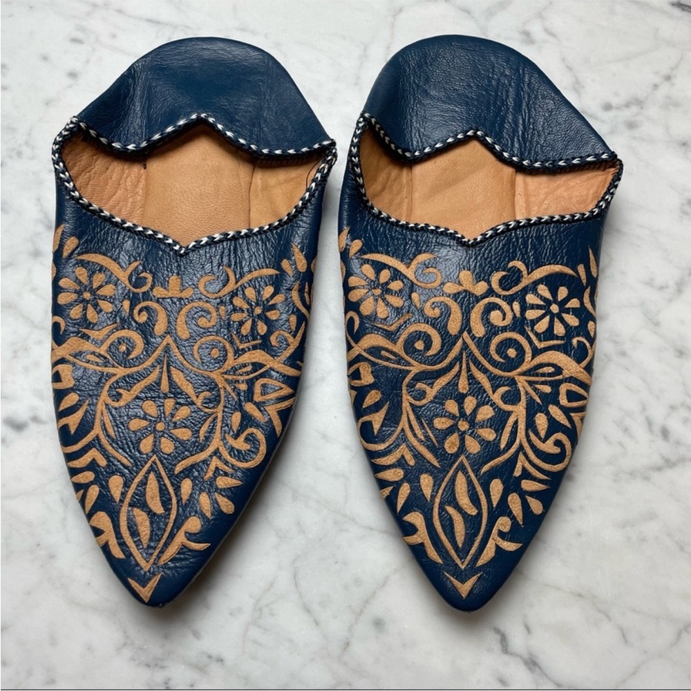 Handcrafted Navy Leather Embroidered Mules - Women's Slip-On